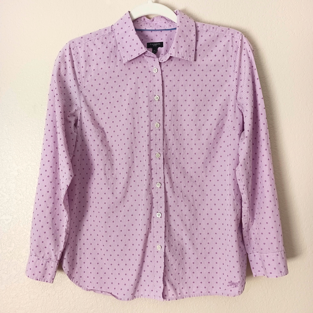 Talbots Polka Dot Button Down Shirt Medium Petite Pink Purple